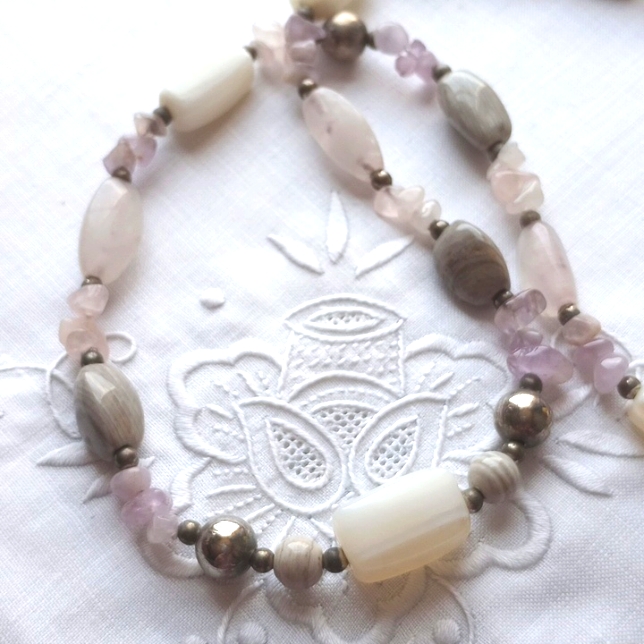 Vintage 1970-1980s Karla Jordan-Rose Quartz Statement Necklace Agate Amethyst
